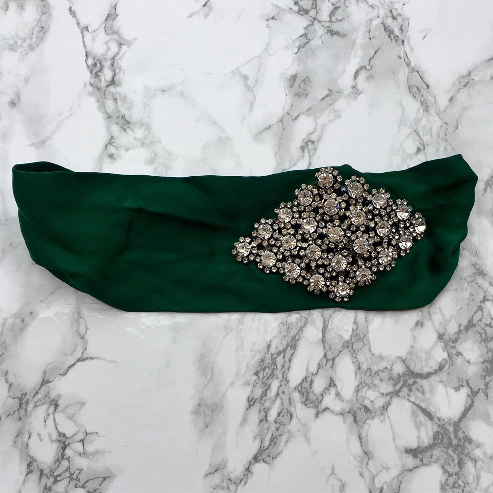 Green Satin Rhinestone Gem Head Wrap